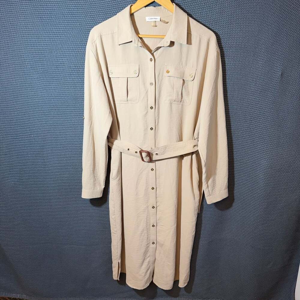 Calvin Klein Utility Shirt Dress Size M Beige Long Sleeve Belted